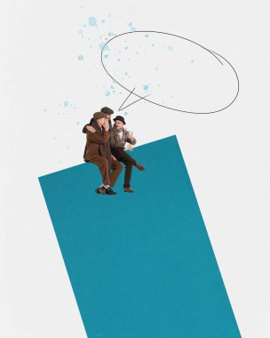 Çağdaş sanat kolajı. Klasik kış kıyafetleri içinde kar altında konuşan konuşkan genç adamlar. Aktif eğlence aşığı. Çizim stili. Kış mevsimi kavramı, tatil, mutluluk, neşe, eğlence, tatil. Poster