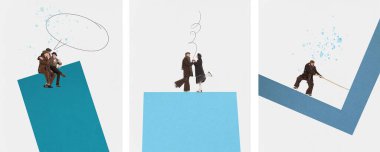 Çağdaş sanat kolajı. Farklı kış aktiviteleri olan posterlerden oluşan bir set. Aktif eğlence aşığı. Çizim stili. Kış mevsimi kavramı, tatil, mutluluk, neşe ve eğlence, tatil. Pankart