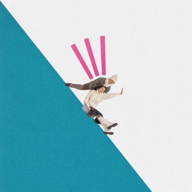 Çağdaş sanat kolajı. Eski moda kışlık giysiler içindeki mutlu çift dağlarda karda kızak kayıyor. Aktif eğlence aşığı. Çizim stili. Kış mevsimi kavramı, spor, tatil, mutluluk, tatil. Poster