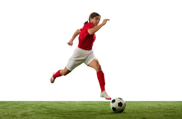 Dynamisch Beeld Van Jong Meisje Voetbal Voetballer Beweging Druppelende Bal — Stockfoto