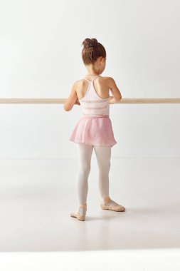 Dikiz ayarı portresi, gül tutu bale elbisesi giyen küçük sevimli balerin kızı klasik varyasyon dansları yapıyor. Eğitim dersleri. Güzellik kavramı, moda, hobi.