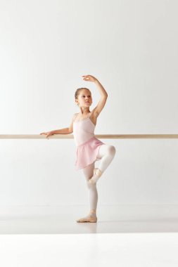 Dikiz ayarı portresi. Rose tutu bale elbisesi giymiş, dans okulunda, stüdyoda poz veren ve dans eden küçük sevimli balerin kızı. Güzellik kavramı, moda, hobi, eylem.
