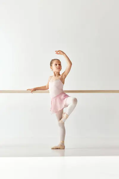 Rear view portrait of small adorable ballerina dancer girl in rose tutu ballet dress on pointe posing and performing dance elements in studio, dance school. Concept of beauty, fashion, hobby, action.