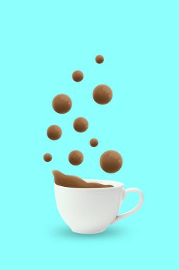 Mavi arka planda kahve fincanı ve kahve damlası olan yaratıcı tasarım. Taze sade kahvenin lezzetli tadı. İçki, tat, sanat, renkli tasarım kavramı. Minimum tasarım. Poster. İlan için alanı kopyala.