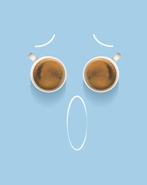 Emotions and doodles. Cup with fresh coffee, americano over blue background. Shocked face. Creative design. Concept of drink, taste, art, colorful design. Poster. Copy space for ad.