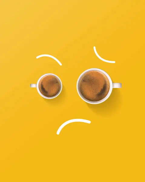 Emotions and doodles. Cup with fresh coffee, americano over yellow background. Sad face. Creative design. Concept of drink, taste, art, colorful design. Poster. Copy space for ad.