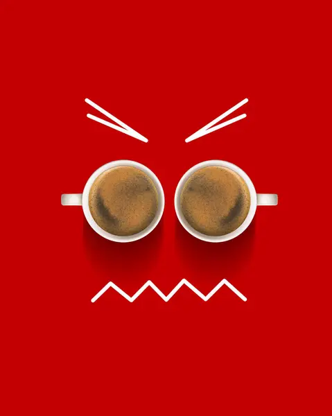 Emotions and doodles. Cup with fresh coffee, americano over red background. Lack of energy. Irritation. Creative design. Concept of drink, taste, art, colorful design. Poster. Copy space for ad.