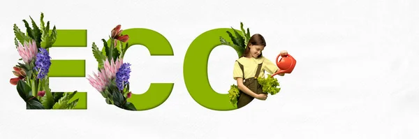 有機製品 水やり植物 花の世話をする小さな少女 ガーデニング エコセーフティ コンセプトデザイン エコロジー 意識の概念 バナー Adのためのスペースをコピーする — ストック写真