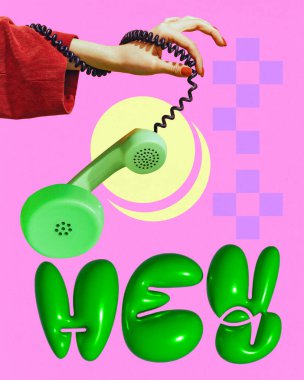 Poster. Çağdaş sanat kolajı. - Selam. Kablosu yeşil yazıtlarla boyanmış, kadın el kamerası. Eski moda anlayışı, duygular, tarz, trendler. ad