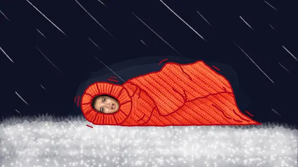 当代艺术拼贴 年轻而紧张的女人在寒冷的夜晚躺在雪地上 裹着巨大的 温暖的 舒适的毛毯 度假的概念 — 图库照片