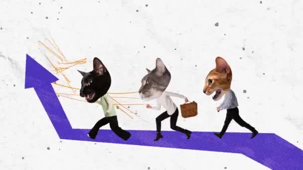 Parar Movimento Animação Funcionários Com Focinhos Gato Andando Seta Analítica — Vídeo de Stock