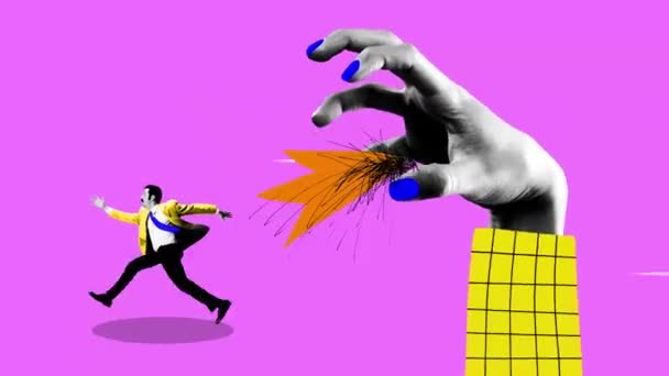 Остановите Движение Анимацию Гигантская Рука Хочет Напугать Офисного Клерка Розовым — стоковое видео