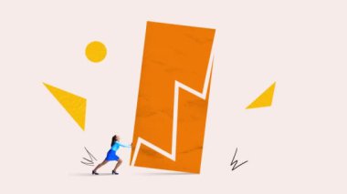 Hareket etmeyi, animasyonu durdurun. Bir kadın, bir ofis çalışanı çizelgenin yanında duruyor ve soyutlama yaparak zeminin üstünden geçmeye çalışıyor. Motivasyon kavramı, hırs, ilerleme, başlangıç, reklam