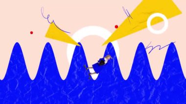 Hareket etmeyi, animasyonu durdurun. Mutlu iş kadını kaykay yapıyor ve soyutlamayla kariyer başarısına seviniyor. Motivasyon kavramı, hırs, başarılar, ilerleme, reklam