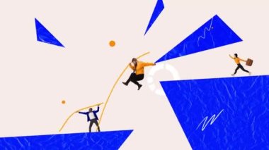 Hareket etmeyi, animasyonu durdurun. Motive olmuş takım, iş ortakları soyutlamayla başarıya doğru koşuyorlar. Pankart. Takım çalışması kavramı, hırs, başarılar, ilerleme, reklam