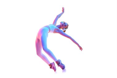 Sıska, esnek, genç bir kadının yan görüş portresi. Kulaklıkla poz veren, neon ışıkta izole edilmiş beyaz bir arka plan. Spor anlayışı, fitness, sağlıklı yaşam tarzı, güç, gençlik, reklam. Boşluğu kopyala