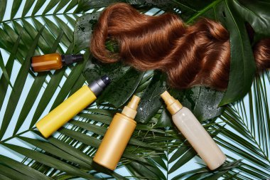 Bej arka plan ve çiçek unsurlarına karşı uzun dalgalı esmer saç ve saç tedavi ürünlerinin fotoğrafı. Üst manzara, düz yatış. kopyalama alanı. Kişisel bakım. Doğal güzellik, organik, saç bakım ürünü konsepti