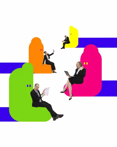 Poster. Contemporary art collage, Modern creative artwork. Business people, office worker sitting on bright splashes. Business mitting. Work space. Concept of business, communication, teamwork, job ad