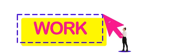 班纳当代艺术拼贴 商业女性手持明亮的粉红箭头 底部有题词工作 商业概念 在线工作 工作周 — 图库照片