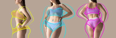 Pankart. Stüdyonun arka planında mavi, sarı ve pembe renkli siluet çizilmiş ince kadın cesetlerinin kesilmiş fotoğrafı. Sağlıklı beslenme, diyet, vücut bakımı, spor kavramı. Ad