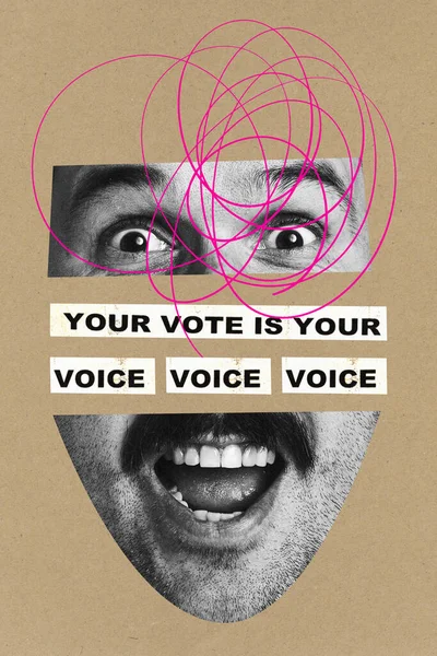 Poster. Contemporary at collage. Cropped males surprised face, eyes and mouth, with inscription your vote is your voice over craft brown background. Concept of voting, positive elections. Ad