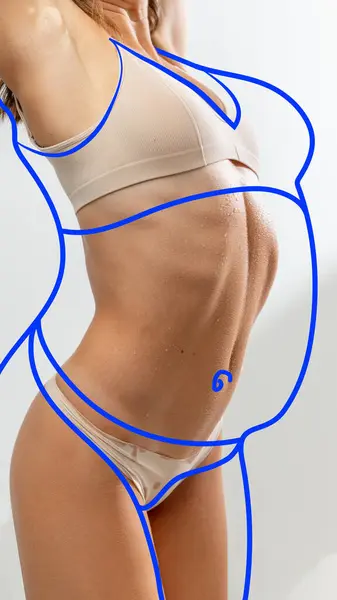 Cropped Photo Slim Female Body White Underwear Drawn Blue Overweight — Stock Photo, Image