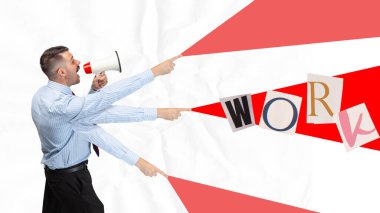 Poster. Pankart. Çağdaş sanat kolajı. Ofis kıyafeti giyen bir iş adamının hoparlörden konuşan ve yazı yazan dört eli var. İş kavramı, motivasyon, çoklu görev.