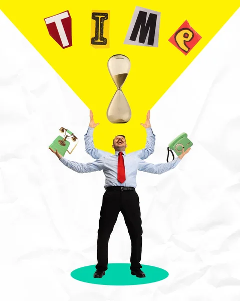 Poster. Contemporary art collage. Business man wearing office outfit have four hands, two raising up to hourglass, in other holding vintage phones. Concept of business, motivation, time management.