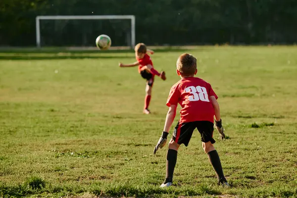 ゴールキーパーのリアビュー肖像画 子供はキックボーイ ストライカーから飛ぶボールをキャッチする準備をします スポーツフィールドでサッカーをする 子供のチームゲーム スポーツ 健康的なライフスタイル 趣味の概念 — ストック写真