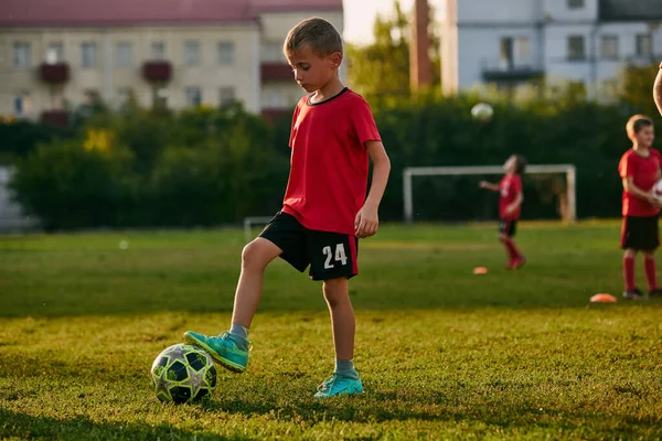 ジャージ ショートパンツでスポーツユニフォームを着用している自信のある子供のサッカー選手は 草の上のボールとスタンドでクリアします 子供たちはフィールドで遊んでいる フットボールスクール スポーツ 健康的なライフスタイル チームのコンセプト アメリカ合衆国 — ストック写真