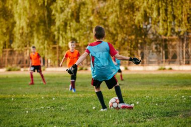 Arka görüş, spor üniforması giyen kaleci çocuk antrenman yaparken futbol sahasında topu yakalıyor. Futbol oynuyordum. Çocuklar okul takımı. Spor anlayışı, yaşam tarzı, aktivite, hobi. ad