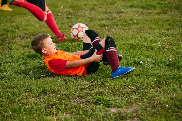 Competitive Little Player Collapsed Wearing Sport Uniform Jersey Cleats Kids — Stock Photo, Image