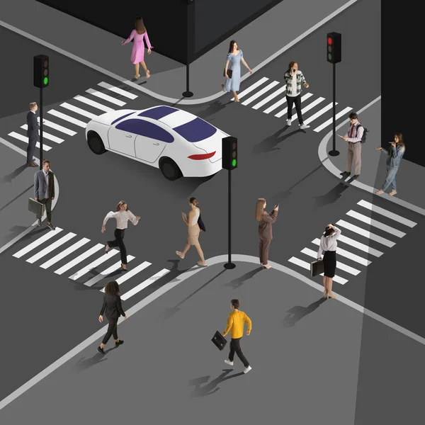 Painted illustration. Modern lifestyle of citizens in big city. Urbanization. People differently clothed going, running over street junctions with pedestrian crossing. Business, traffic rules concept.