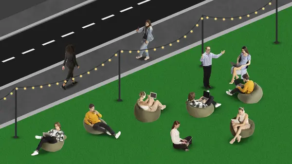 Çizim çizimi. Büyük şehirde modern vatandaşların yaşam tarzı. Resmi olarak çalışan insanlar dışarıda, toprak setin üzerinde davaları tartışıyor. İş hayatı, birlikte çalışma, kurslar, online iş konsepti.