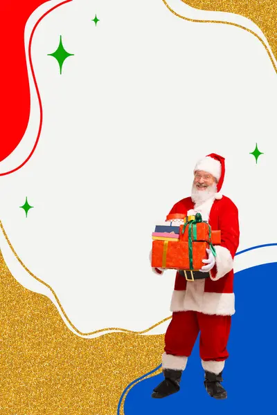 Poster. Ho-ho-ho. Contemporary art collage. Modern art work. Smiling happy man, Santa Claus holding a lot of presents for children over painted background. Concept of Christmas, New Year. Copy space