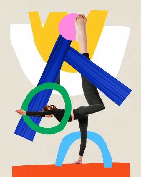 Poster. Contemporary art collage. Modern creative artwork. Young flexible woman, sportsman balancing on one leg and another huge leg raise up. Concept of sport, recreation, stretching, fitness, yoga.