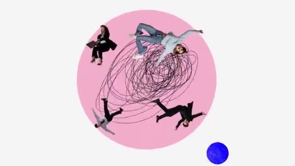 Chaos Stop Motion Animation Geschäftsleute Fliegen Schweben Über Bunten Hintergrund — Stockvideo