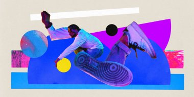 Poster. Çağdaş sanat kolajı. Modern sanat eserleri. Büyük, neon filtreyle boyanmış uzun bacaklı enerjik erkek dansçı, renkli arka planda havada dans eden ışık. Moda kavramı, hobi, tarz.