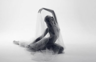 İnce vücutlu, çıplak, çekici balerin silueti ıslak, şeffaf kumaşla kaplı, tek renkli retro fotoğraf efektiyle tek başına oturuyor. Kadın vücudunun doğal güzelliği, kadınlık kavramı.