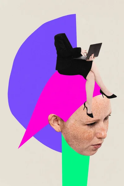 Too many tasks. Woman, employee sitting on her giant head and working on laptop. Contemporary art collage. Challenges. Concept of business, modern office, employment, professional occupation