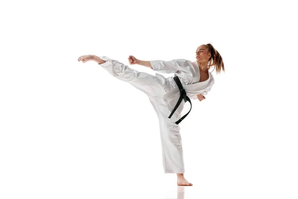 Attractive Woman White Sport Karate Uniform Black Belt Training Action — Stock Photo, Image