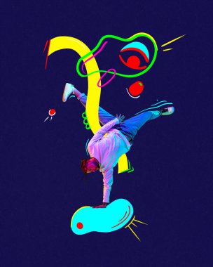 Poster. Çağdaş sanat kolajı. Neon filtreyle boyanmış bir erkek dansçı, arka planda koyu renkli elementlere karşı serbest stil performans sergiliyor. Moda anlayışı, hobi. Uzayı kopyala Ad