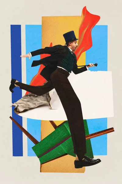 Contemporary art collage. Creative artwork with colorful elements. Panicked business man dressed officially vintage outfit with huge legs running from burning deadlines. Concept of ideas, teamwork. Ad