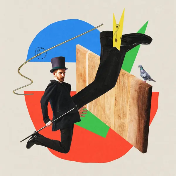 Contemporary art collage. Creative artwork with colorful elements. Confident business man dressed officially vintage outfit jumping over obstacles. Concept of deadlines, crisis, decline, recession. Ad