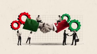 Hareketi durdur. Animasyon. Girişimciler el sıkışıyor ve insanlarla iletişim kurarak çalışıyorlar. İş başarısı, iş, iş, strateji ve reklam kavramı.