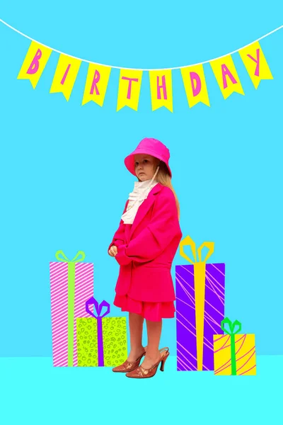 Little girl in stylish, bright clothes, celebrating birthday, standing around many present boxes. Contemporary art collage. Concept of celebration, childhood, , inspiration. Poster, ad. Bright design