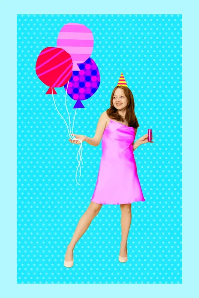 Beautiful young girl in pink dress standing with air balloons on blue background. Contemporary art collage. Concept of birthday celebration, fun and joy, party, inspiration. Poster, ad. Bright design