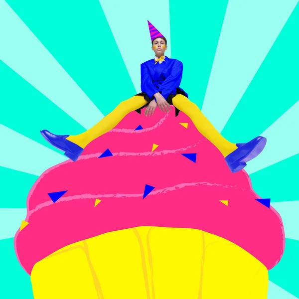 Stylish teen boy sitting on giant cupcake and celebrating his birthday. Contemporary art collage. Concept of birthday celebration, fun and joy, party, inspiration. Poster, ad. Bright design