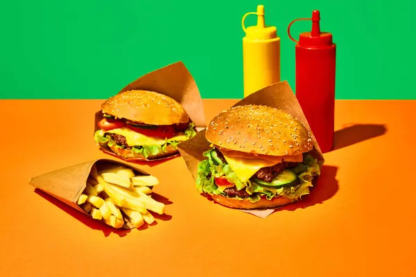 Tasty fast-food. Appetizing hot hamburgers and fried potato in paper box with sauces against vivid green-orange background. Concept of junk food, menu, delivery, catering, take away. Copy space. Ad