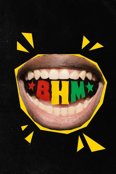 Poster. Contemporary art collage. Modern creative artwork. opened mouth with red-yellow-green letters BHM instead of teeth. Concept of black history month, civil rights, culture. Copy space, ad.